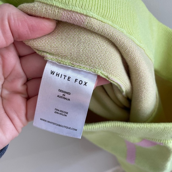 White Fox Knitted Flare Pants - Lime Green + Pink Retro Squiggle Pattern - Small - Picture 5 of 14